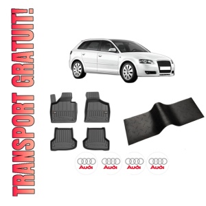 Set 5 covorase auto AUDI A3 Sportback (8PA) din 2009-2014, cu covoras tunel median, presuri auto din cauciuc, 4x Stickere auto cu AUDI