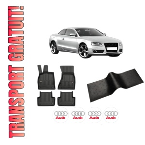 Set 5 covorase auto AUDI A5 (8T3) din 2011-2018, cu covoras tunel median, presuri auto din cauciuc, 4x Stickere auto cu AUDI
