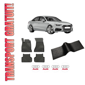 Set 5 covorase auto AUDI A5 Sportback (F5A, F5F) din 2014-2021, cu covoras tunel median, presuri auto din cauciuc, 4x Stickere auto cu AUDI
