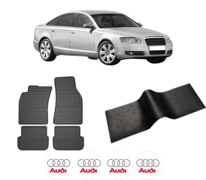 Set 5 covorase auto AUDI A6 C6 (4F2) din 2008-2017, cu covoras tunel median, presuri auto din cauciuc, 4x Stickere auto cu AUDI - Img 2