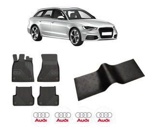 Set 5 covorase auto AUDI A6 C7 Avant (4G5, 4GD) din 2015-2022, cu covoras tunel median, presuri auto din cauciuc, 4x Stickere auto cu AUDI - Img 2