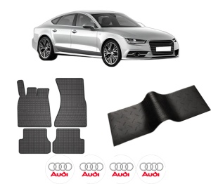 Set 5 covorase auto AUDI A7 Sportback (4GA, 4GF) din 2016-2022, cu covoras tunel median, presuri auto din cauciuc, 4x Stickere auto cu AUDI - Img 2