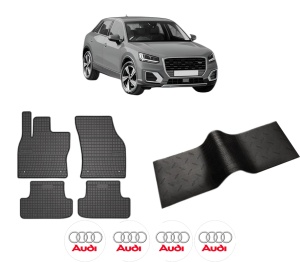 Set 5 covorase auto AUDI Q2 (GAB, GAG) din 2014-2020, cu covoras tunel median, presuri auto din cauciuc, 4x Stickere auto cu AUDI - Img 2