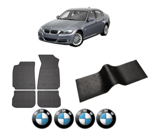 Set 5 covorase auto BMW Seria 3 (E90) din 1998-2010, cu covoras tunel median, presuri auto din cauciuc, 4x Stickere auto cu BMW - Img 2