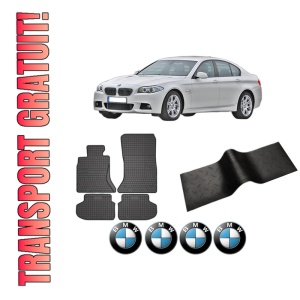 Set 5 covorase auto BMW Seria 5 (F10) din 2018, cu covoras tunel median, presuri auto din cauciuc, 4x Stickere auto cu BMW