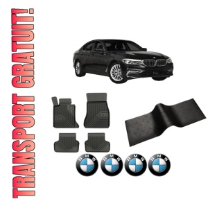 Set 5 covorase auto BMW Seria 5 (G30, F90) din 2019-2023, cu covoras tunel median, presuri auto din cauciuc, 4x Stickere auto cu BMW
