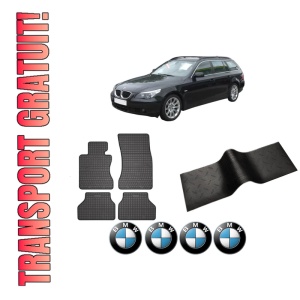 Set 5 covorase auto BMW Seria 5 Touring (E61) din 2008-2015, cu covoras tunel median, presuri auto din cauciuc, 4x Stickere auto cu BMW