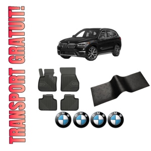 Set 5 covorase auto BMW Seria X1 (F48) din 2014-2022, cu covoras tunel median, presuri auto din cauciuc, 4x Stickere auto cu BMW