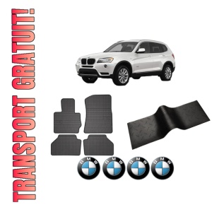 Set 5 covorase auto BMW Seria X3 (F25) din 2011-2016, cu covoras tunel median, presuri auto din cauciuc, 4x Stickere auto cu BMW