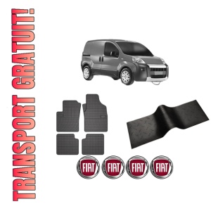 Set 5 covorase auto FIAT 500 (312_) din 2001-2005, cu covoras tunel median, presuri auto din cauciuc, 4x Stickere auto cu FIAT