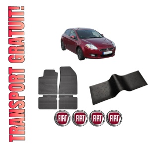Set 5 covorase auto FIAT BRAVO II (198_) din 2009-2022, cu covoras tunel median, presuri auto din cauciuc, 4x Stickere auto cu FIAT
