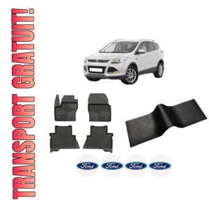 Set 5 covorase auto FORD KUGA II (DM2) din 2009-2020, cu covoras tunel median, presuri auto din cauciuc, 4x Stickere auto cu FORD