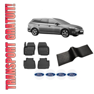 Set 5 covorase auto FORD MONDEO IV Van din 2004-2012, cu covoras tunel median, presuri auto din cauciuc, 4x Stickere auto cu FORD