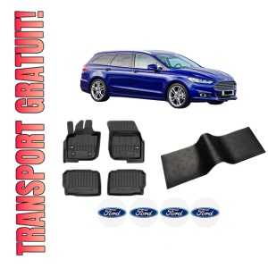 Set 5 covorase auto FORD MONDEO V Turnier (CF) din 2015-2024, cu covoras tunel median, presuri auto din cauciuc, 4x Stickere auto cu FORD