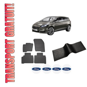 Set 5 covorase auto FORD S-MAX (CJ, WA6) din 2012-2018, cu covoras tunel median, presuri auto din cauciuc, 4x Stickere auto cu FORD