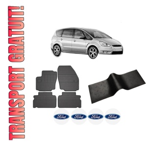 Set 5 covorase auto FORD S-MAX (WA6) din 2018-2022, cu covoras tunel median, presuri auto din cauciuc, 4x Stickere auto cu FORD