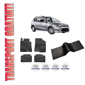Set 5 covorase auto HYUNDAI i30 Estate (GD) din 2011-2018, cu covoras tunel median, presuri auto din cauciuc, 4x Stickere auto cu HYUNDAI