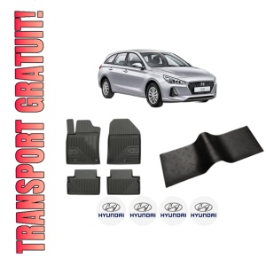 Set 5 covorase auto HYUNDAI i30 Kombi Van (PDE) din 2008-2021, cu covoras tunel median, presuri auto din cauciuc, 4x Stickere auto cu HYUNDAI