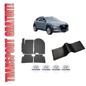 Set 5 covorase auto HYUNDAI KONA (OS, OSE, OSI) din 2012-2020, cu covoras tunel median, presuri auto din cauciuc, 4x Stickere auto cu HYUNDAI