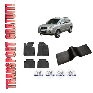 Set 5 covorase auto HYUNDAI TUCSON SUV Van (JM) din 2016-2024, cu covoras tunel median, presuri auto din cauciuc, 4x Stickere auto cu HYUNDAI