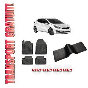 Set 5 covorase auto KIA CEED (CD) din 2006-2014, cu covoras tunel median, presuri auto din cauciuc, 4x Stickere auto cu KIA