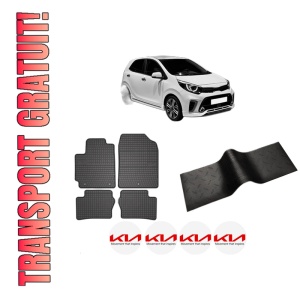 Set 5 covorase auto KIA PICANTO III (JA) din 2012-2018, cu covoras tunel median, presuri auto din cauciuc, 4x Stickere auto cu KIA