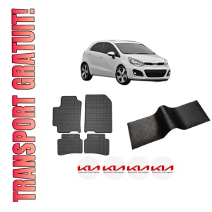 Set 5 covorase auto KIA RIO III (UB) din 2010-2016, cu covoras tunel median, presuri auto din cauciuc, 4x Stickere auto cu KIA