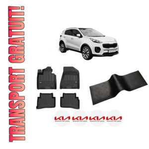 Set 5 covorase auto KIA SPORTAGE IV (QL, QLE) din 2011-2019, cu covoras tunel median, presuri auto din cauciuc, 4x Stickere auto cu KIA