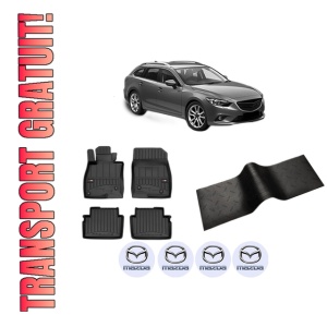 Set 5 covorase auto MAZDA 6 Estate (GJ, GL) din 2013-2021, cu covoras tunel median, presuri auto din cauciuc, 4x Stickere auto cu MAZDA