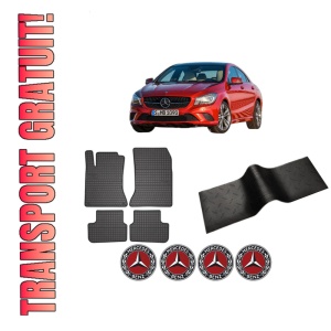 Set 5 covorase auto MERCEDES-BENZ CLA Coupe (C117) din 2017-2020, cu covoras tunel median, presuri auto din cauciuc, 4x Stickere auto cu MERCEDES-BENZ