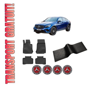 Set 5 covorase auto MERCEDES-BENZ GLC Coupe (C253) din 2009-2017, cu covoras tunel median, presuri auto din cauciuc, 4x Stickere auto cu MERCEDES-BENZ