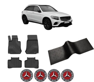 Set 5 covorase auto MERCEDES-BENZ GLC (X253) din 2004-2013, cu covoras tunel median, presuri auto din cauciuc, 4x Stickere auto cu MERCEDES-BENZ - Img 2