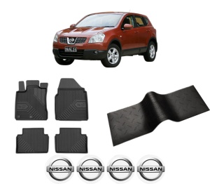 Set 5 covorase auto NISSAN QASHQAI I (J10, NJ10) din 2006-2015, cu covoras tunel median, presuri auto din cauciuc, 4x Stickere auto cu NISSAN - Img 2