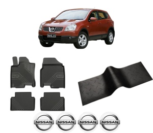 Set 5 covorase auto NISSAN QASHQAI I (J10, NJ10) din 2006-2015, cu covoras tunel median, presuri auto din cauciuc, 4x Stickere auto cu NISSAN - Img 2