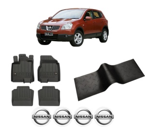 Set 5 covorase auto NISSAN QASHQAI I (J10, NJ10) din 2006-2015, cu covoras tunel median, presuri auto din cauciuc, 4x Stickere auto cu NISSAN - Img 2