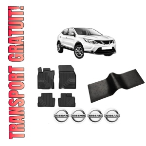 Set 5 covorase auto NISSAN QASHQAI II (J11, J11_) din 2014-2022, cu covoras tunel median, presuri auto din cauciuc, 4x Stickere auto cu NISSAN