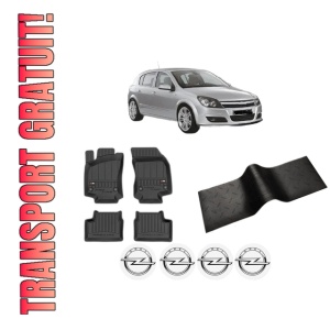 Set 5 covorase auto OPEL ASTRA H (A04) din 2020-2024, cu covoras tunel median, presuri auto din cauciuc, 4x Stickere auto cu OPEL