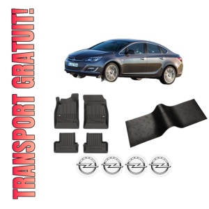 Set 5 covorase auto OPEL ASTRA J Saloon din 2018-2024, cu covoras tunel median, presuri auto din cauciuc, 4x Stickere auto cu OPEL