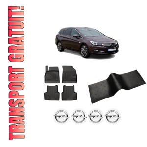 Set 5 covorase auto OPEL ASTRA K Sports Tourer (B16) din 2012-2021, cu covoras tunel median, presuri auto din cauciuc, 4x Stickere auto cu OPEL