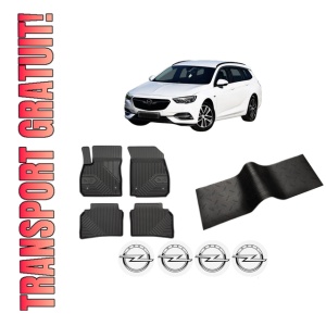 Set 5 covorase auto OPEL INSIGNIA B Sports Tourer (Z18) din 2016-2022, cu covoras tunel median, presuri auto din cauciuc, 4x Stickere auto cu OPEL