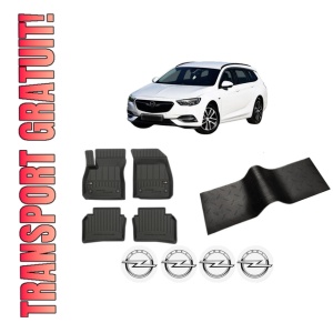 Set 5 covorase auto OPEL INSIGNIA B Sports Tourer (Z18) din 2016-2022, cu covoras tunel median, presuri auto din cauciuc, 4x Stickere auto cu OPEL