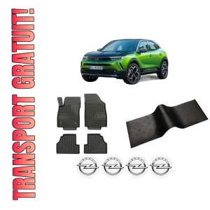 Set 5 covorase auto OPEL MOKKA din 2016-2021, cu covoras tunel median, presuri auto din cauciuc, 4x Stickere auto cu OPEL