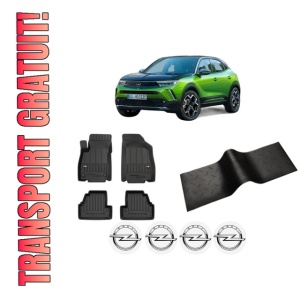 Set 5 covorase auto OPEL MOKKA din 2016-2021, cu covoras tunel median, presuri auto din cauciuc, 4x Stickere auto cu OPEL