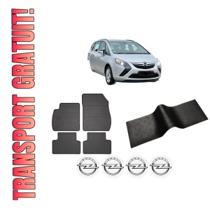 Set 5 covorase auto OPEL ZAFIRA TOURER C VAN (P12) din 2006-2015, cu covoras tunel median, presuri auto din cauciuc, 4x Stickere auto cu OPEL