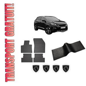 Set 5 covorase auto PEUGEOT 3008 II SUV (MC_, MR_, MJ_, M4_) din 2009-2013, cu covoras tunel median, presuri auto din cauciuc, 4x Stickere auto cu PEUGEOT