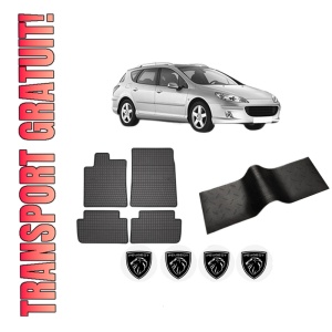 Set 5 covorase auto PEUGEOT 407 SW (6E_, 6D_) din 2019-2024, cu covoras tunel median, presuri auto din cauciuc, 4x Stickere auto cu PEUGEOT