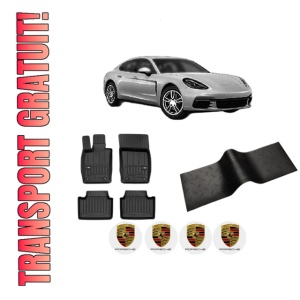 Set 5 covorase auto PORSCHE PANAMERA (971) din 2013-2017, cu covoras tunel median, presuri auto din cauciuc, 4x Stickere auto cu PORSCHE