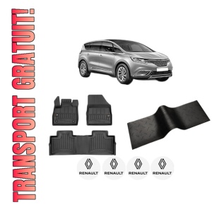 Set 5 covorase auto RENAULT ESPACE V (JR_) din 2009-2020, cu covoras tunel median, presuri auto din cauciuc, 4x Stickere auto cu RENAULT