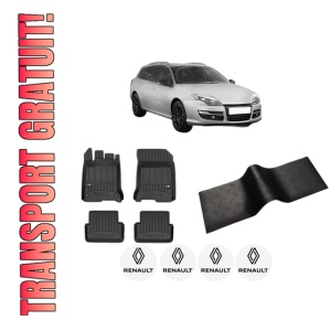 Set 5 covorase auto RENAULT LAGUNA III Grandtour (KT0/1) din 2012-2020, cu covoras tunel median, presuri auto din cauciuc, 4x Stickere auto cu RENAULT