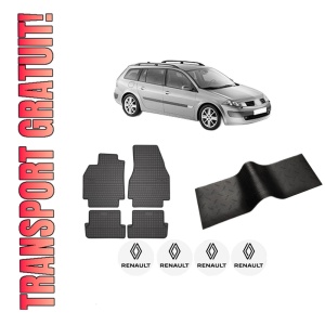 Set 5 covorase auto RENAULT MEGANE II Estate (KM0/1_) din 2003-2012, cu covoras tunel median, presuri auto din cauciuc, 4x Stickere auto cu RENAULT